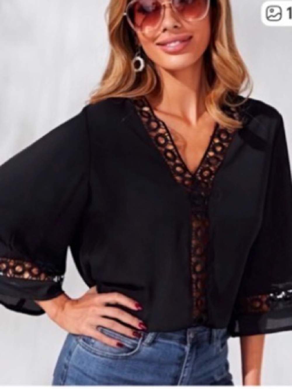 #1142 Black Lace Trim Women's V-Neck Blouse
